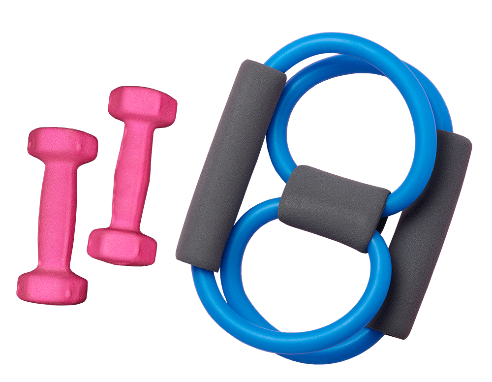 a resistance band and dumbbells.